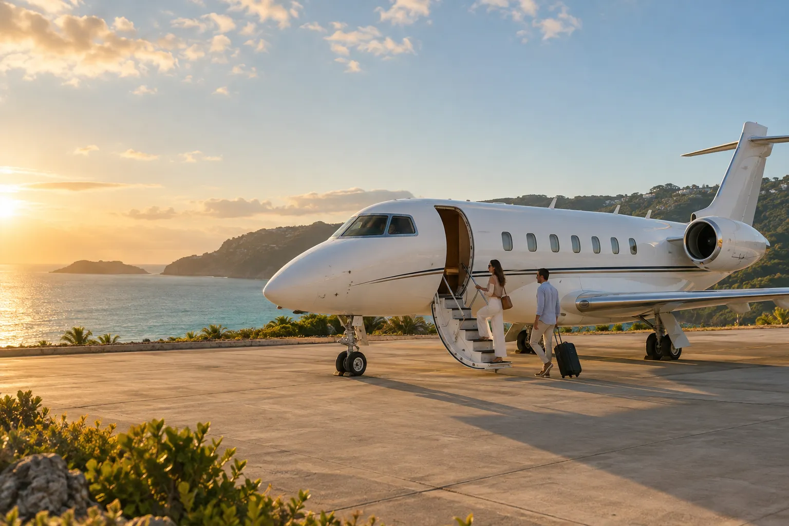 Illustrative private jet boarding at golden hour
