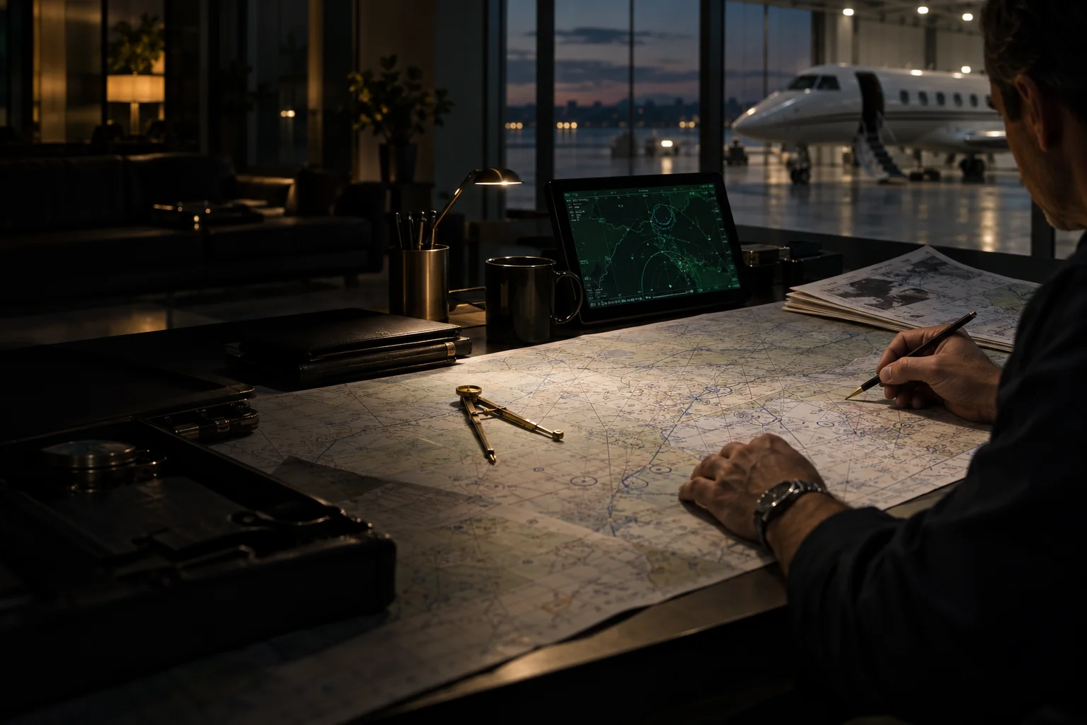 Illustrative scene of a dispatcher reviewing navigation charts with a private jet outside the operations room